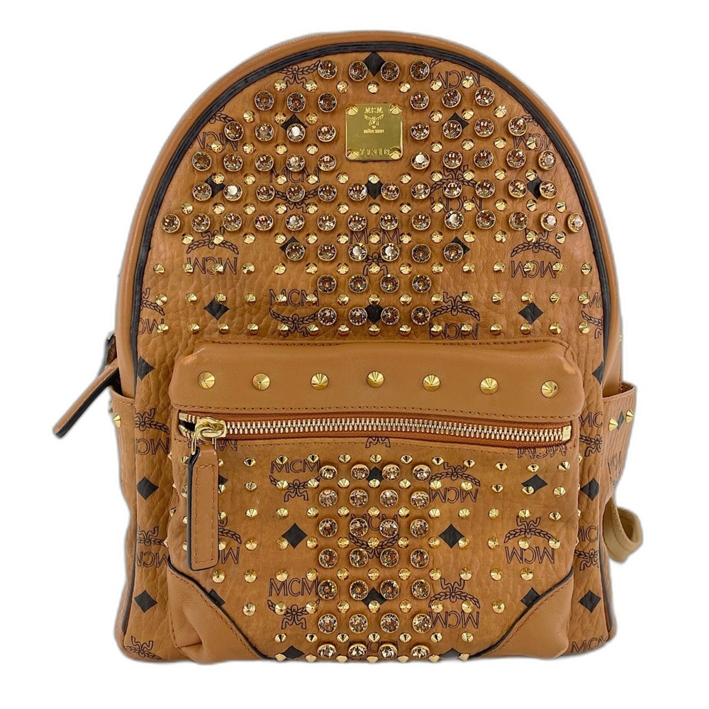 MCM Vitos Monogram Coated Canvas Swarovski Backpack Leather Beige